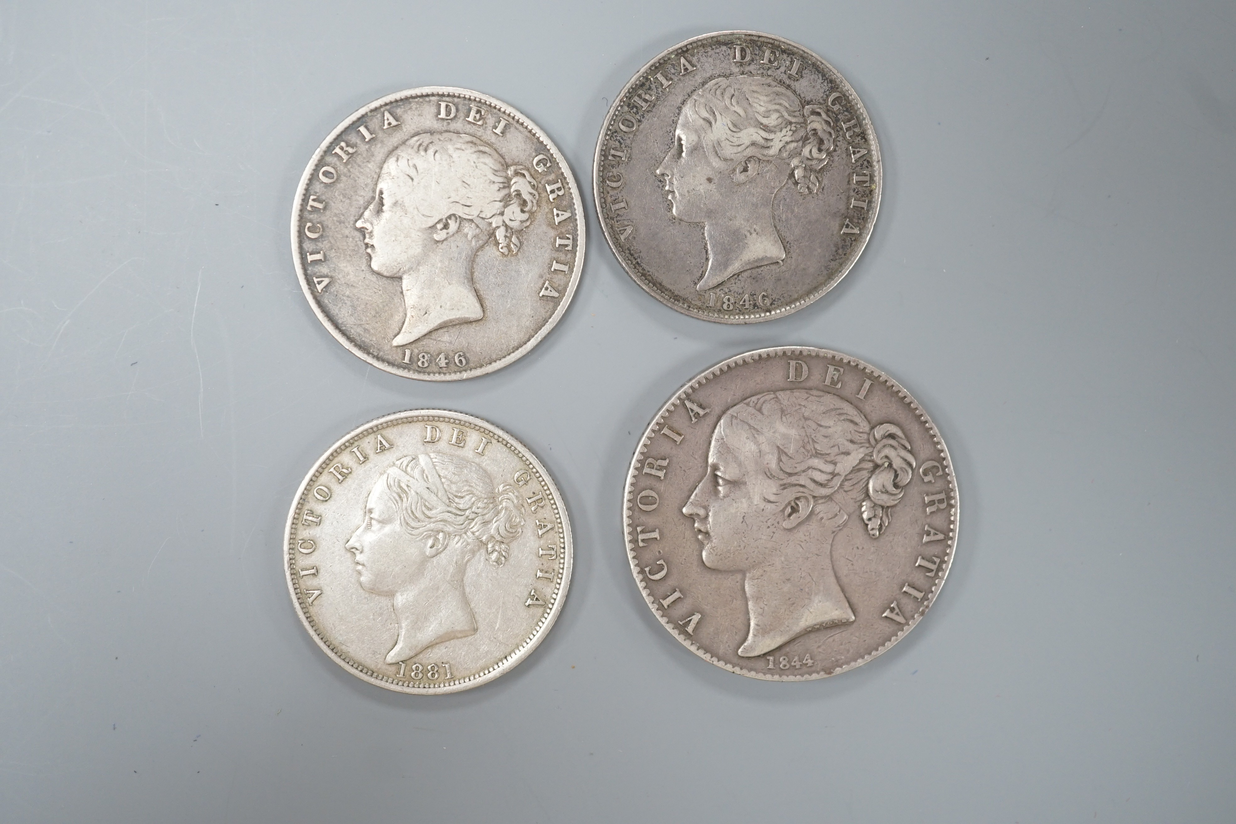 Victoria silver crown 1844, F and three halfcrowns 2 x 1846, NVF and F and 1841 GVF